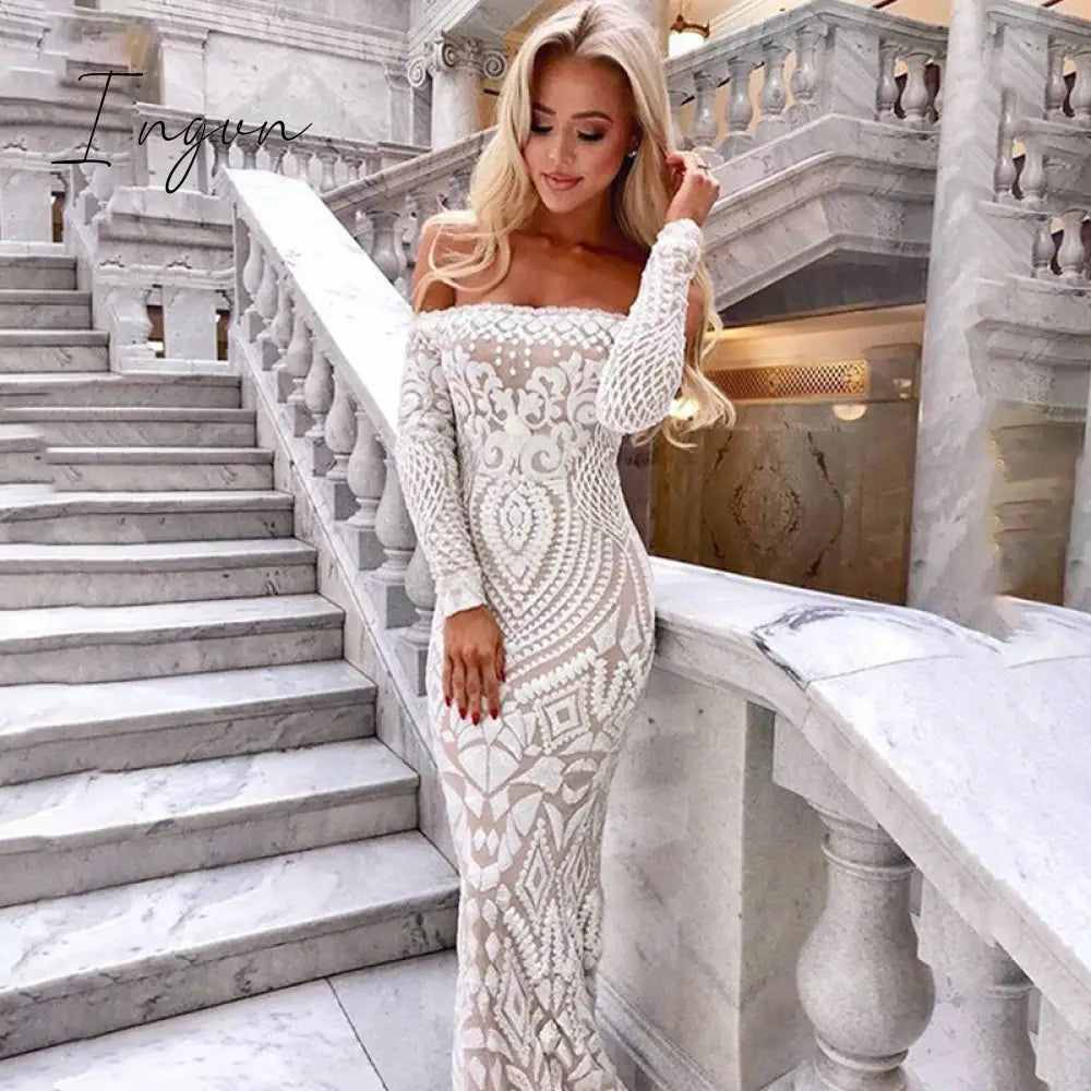 Ingvn - Slash Neck Slim Lace Fishtail Dress Party Women Elegant Long Sleeve Embroidered White Dresses Woman Evening Bride Smaid Vestidos