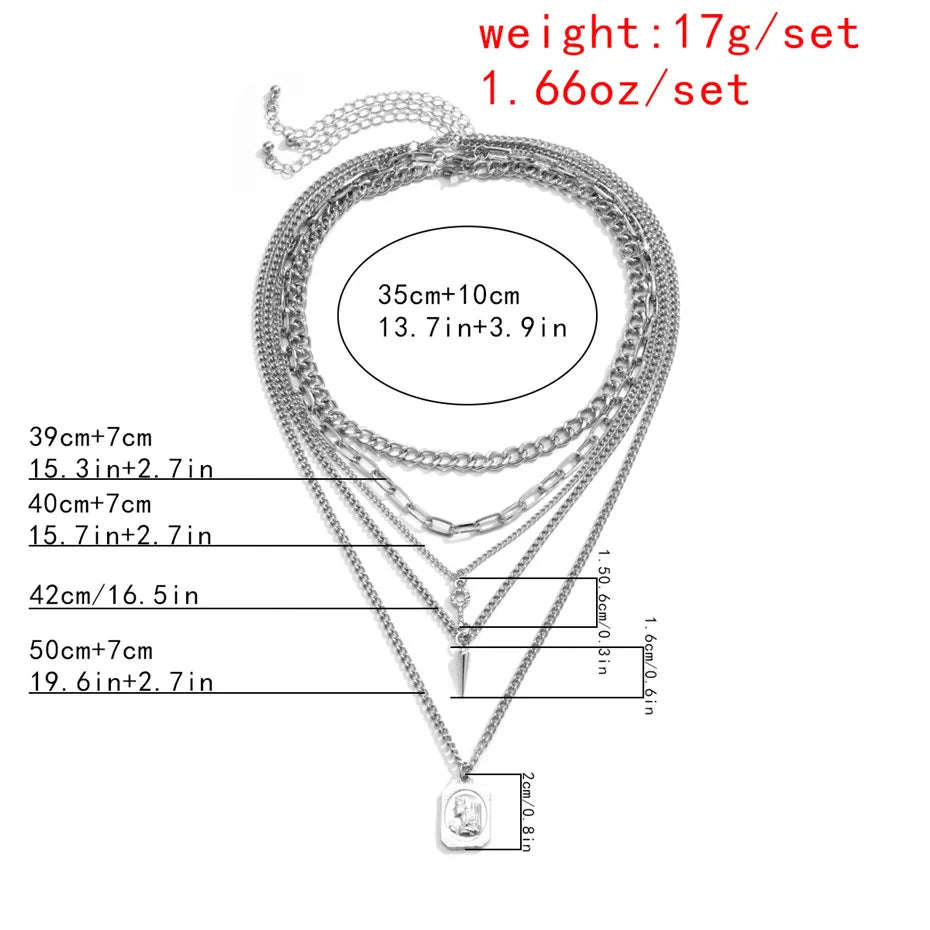 INGVN  Punk Multilayer Chains Chunky Necklace Set Goth Spike Rivet Portrait Key Pendant Necklace Women Men Statement Jewelry