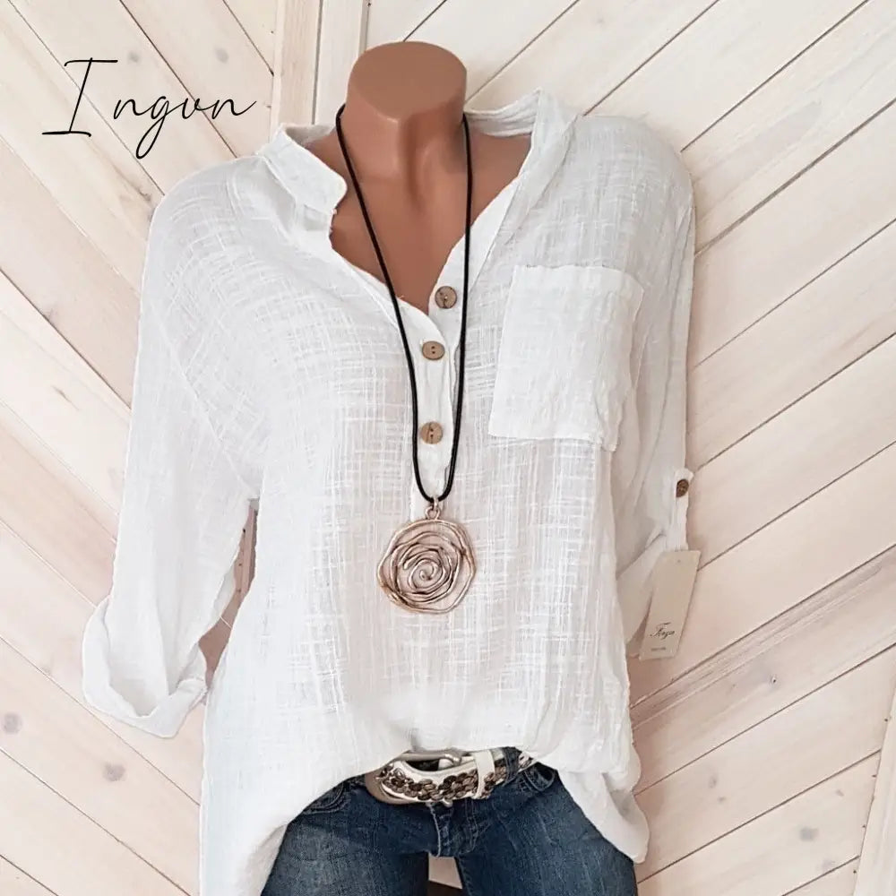 Ingvn - Oversized Women Blouses Cotton Linen Blouse Autumn Shirts Casual Long Sleeve Button V Neck Loose Shirt Lady Tops Plus Size S-5XL
