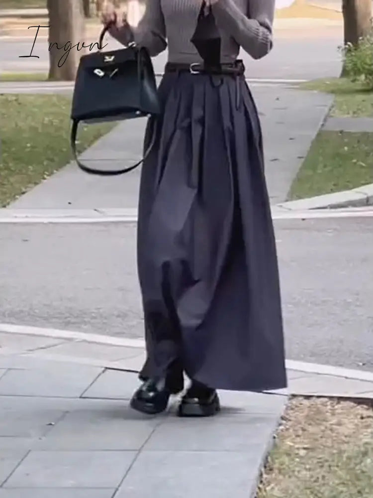 Ingvn - Women Skirts Spring Pleated Floor Length Solid Simple Classic Graceful Popular Newly Young Stylish Cool Korean Style Hot Sale
