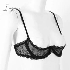 Ingvn - Women See Through Sheer Lace Hollow Out Lingerie Adjustable Spaghetti Shoulder Straps Open Cups Bra Push Up Underwire Bra Tops