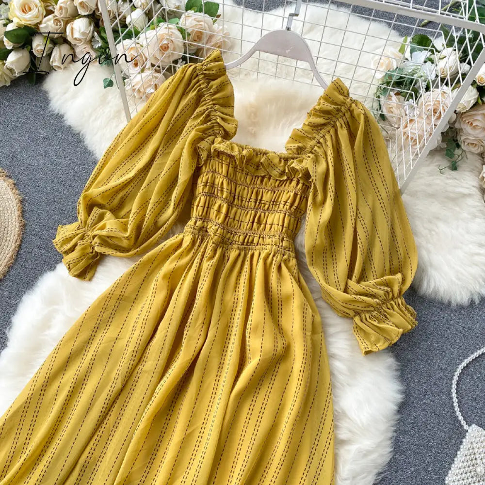 Ingvn - Summer Beach Chiffon Long Dress Elegant Solid Lantern Sleeve High Waist Women Maxi Dress Party Club Ladies Vestidos New
