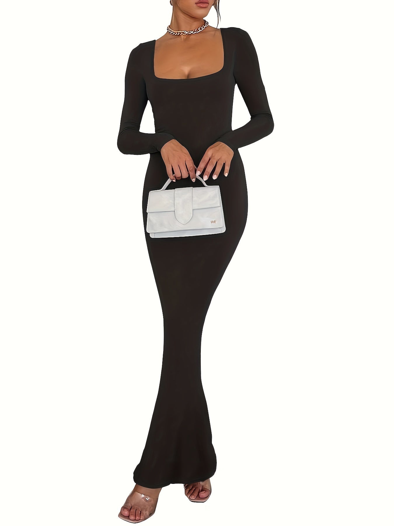 Bodycon Maxi Dresses Long Sleeve Wedding Guest Long Dress Casual Rib Knit Scoop Neck Fall Dress