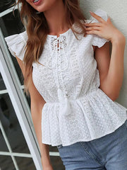 Ingvn - Notched Neck Flutter Sleeve Eyelet Blouse