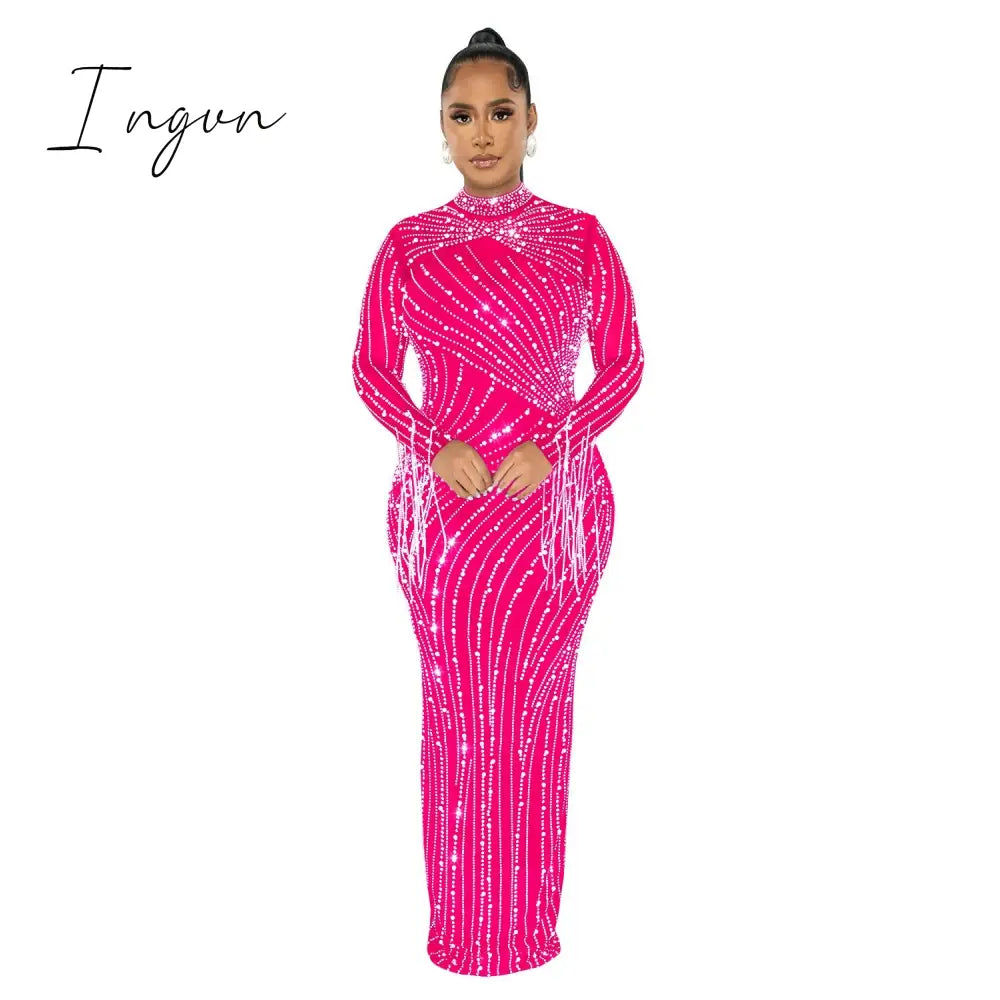 Ingvn - Women's Sexy See Through Rhinestone Bead Mesh Dress Luxury High Neck Long Sleeve Tassels Maxi Party Night Dresses 2 Piece Set