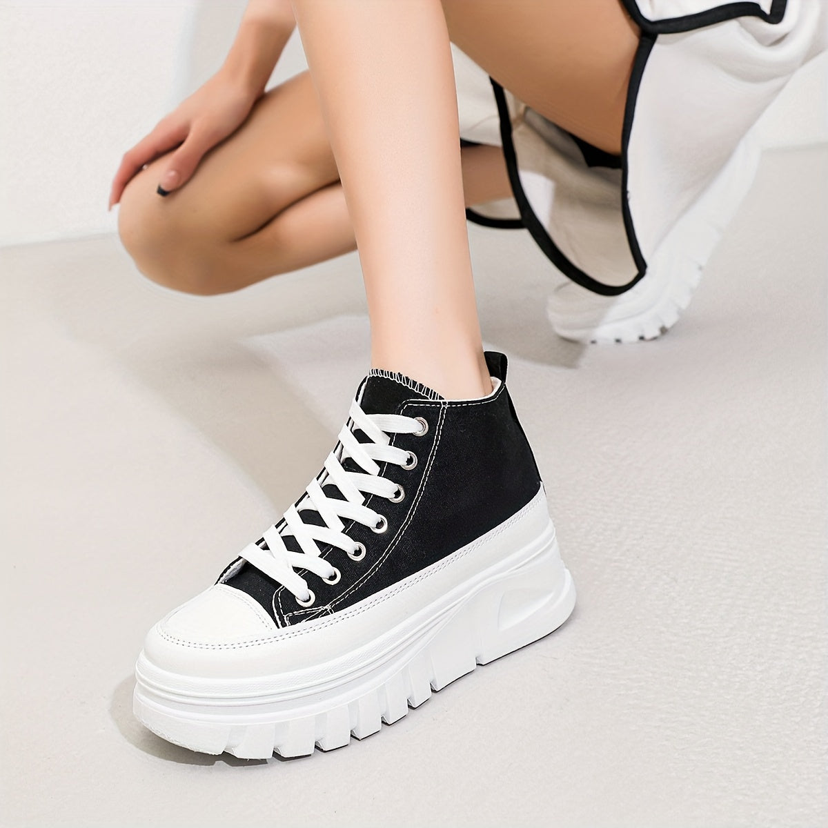 High-top Heightening Women's Canvas Solid Color Casual Sneakers, Lace Up Platform Soft Sole Walking Skate Shoes