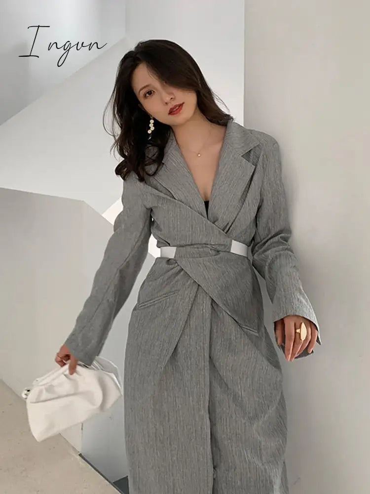 Ingvn - Women Gray Pleated Knot Long Elegant Dress New V-collar Long Sleeve Loose Fit Fashion Tide Spring Summer 2023
