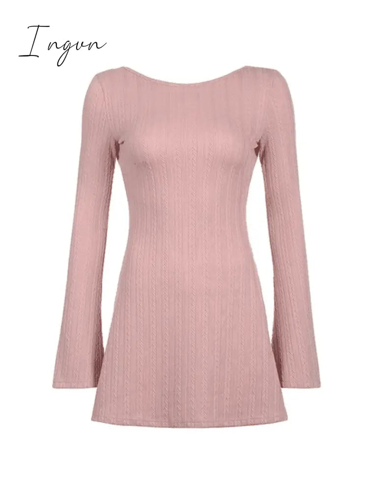Ingvn - Backless Knitted Long Sleeve Mini Dress