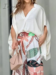 Ingvn - Women's Shirt Pants Sets White Floral Drawstring Print Long Sleeve Casual Daily Fashion V Neck Regular Fit Spring &  Fall
