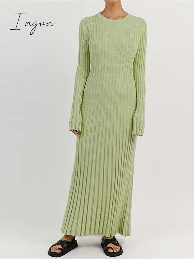 Ingvn - Solid Color Round Neck Long Sleeved Knitted Dress Women Pleated Slim White Long Robes 2023 Summer Lady Office Streetwear Vestido