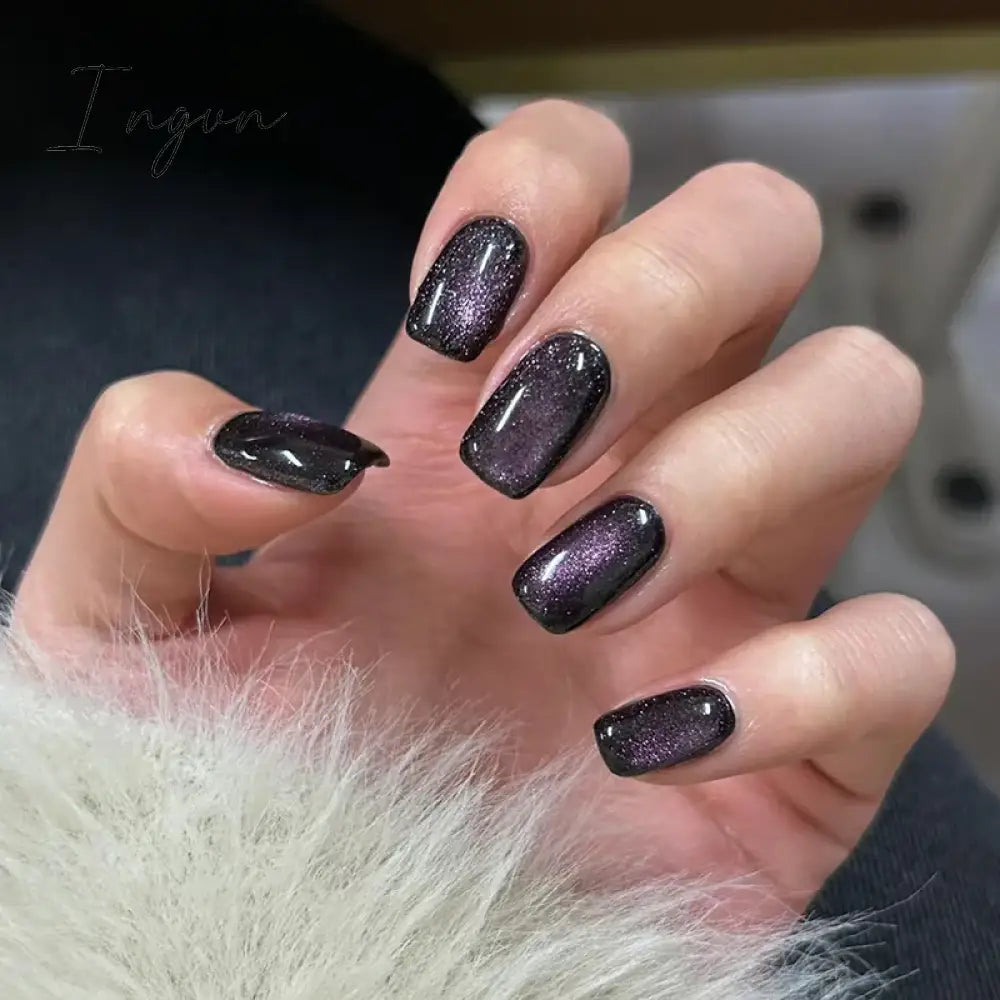 24pcs detachable cat eyes red wine false nails with glue full cover ballet square almond shiny acrylic press on fake nails tips