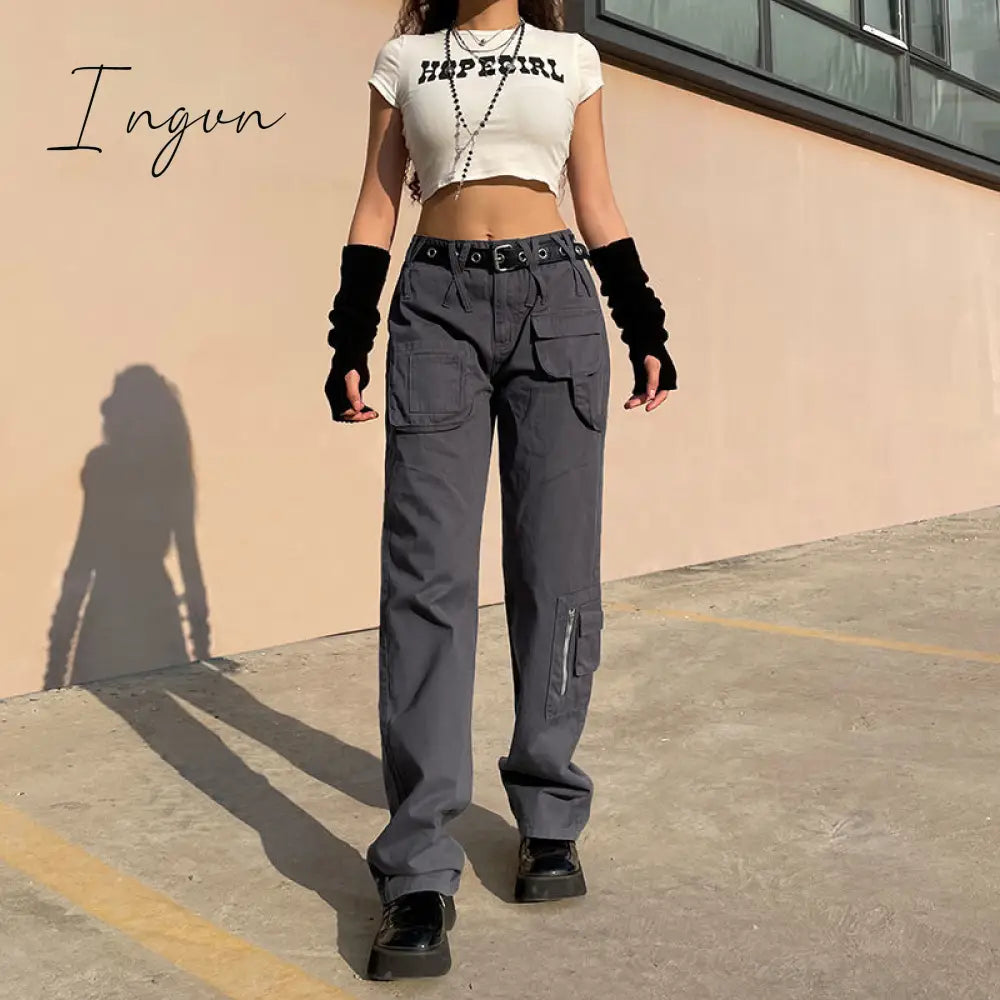 Ingvn - Vintage Streetwear Cargo Pants Women Harajuku Street Loose Straight Women Jeans Casual Slim Versatile High Waisted Jeans Pants