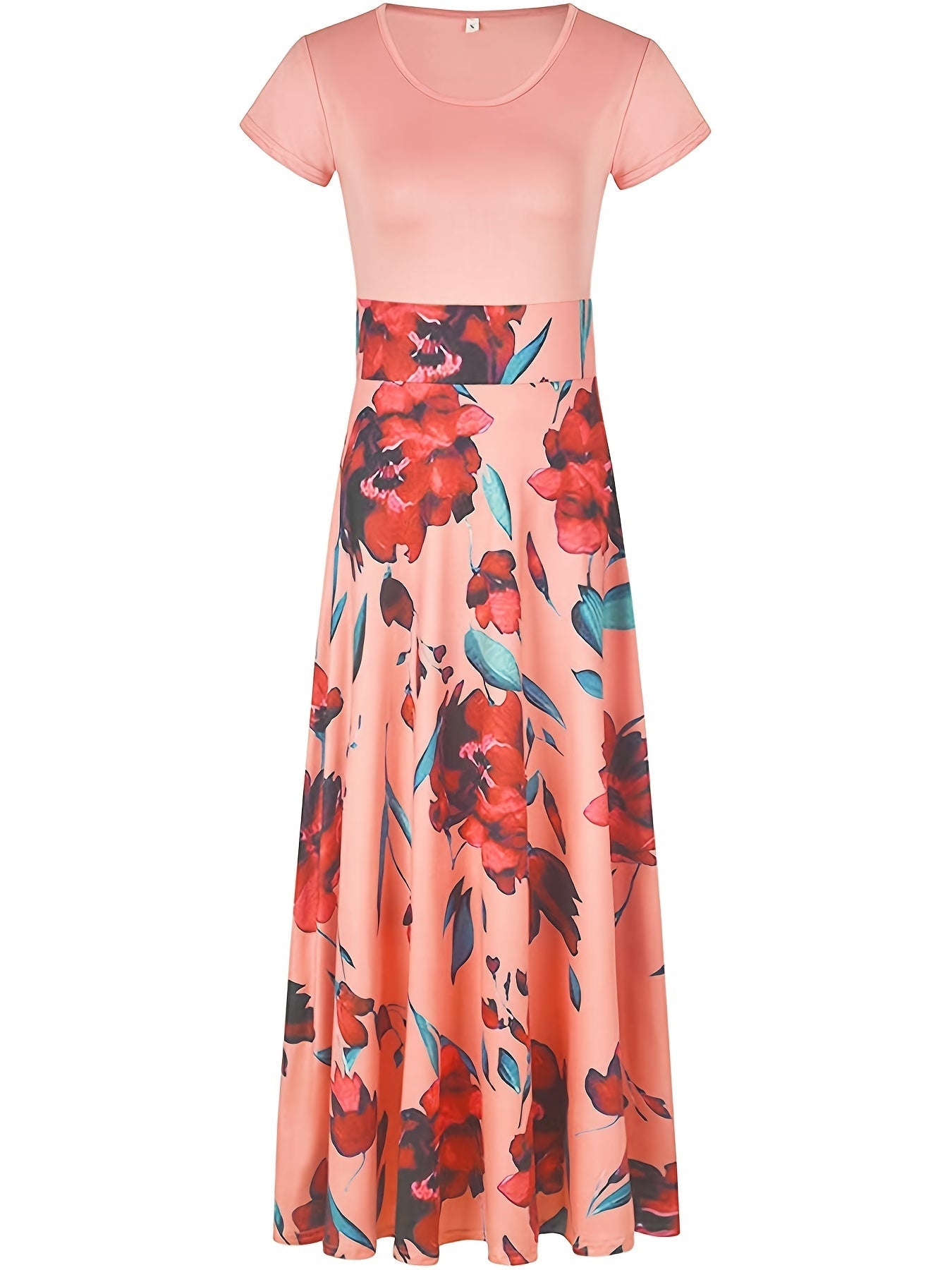 Floral Printed Crew Neck Pendulum Maxi Dress - Elegant Short Sleeve Slim Waist Pleated Design, Micro Elastic Polyester Knit Fabric, Random Printing for Womens All-Season Elegant Dressing