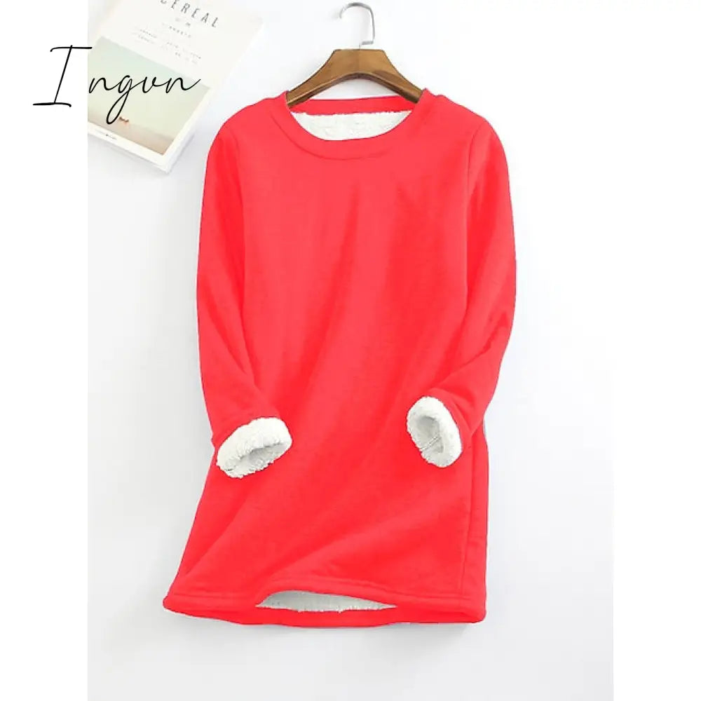 Ingvn - Women's Basic Casual Wine Red Big red Black Solid Color Home Crew Neck Long Sleeve
