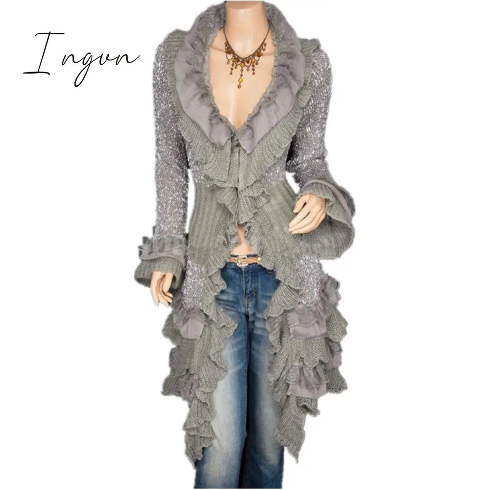 Ingvn - Cardigan Sweater Women's Knitted Single-breasted Lace Bell Sleeve Mid-length Coat