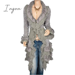 Ingvn - Cardigan Sweater Women's Knitted Single-breasted Lace Bell Sleeve Mid-length Coat