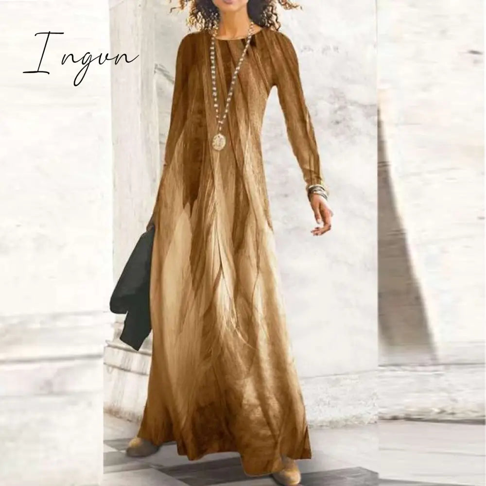 Ingvn - Fashion Shiny Long Office Lady Party Dress Women Vintage Round Neck Long Sleeve Maxi Dress Autumn Slim Boho Spring Dresses
