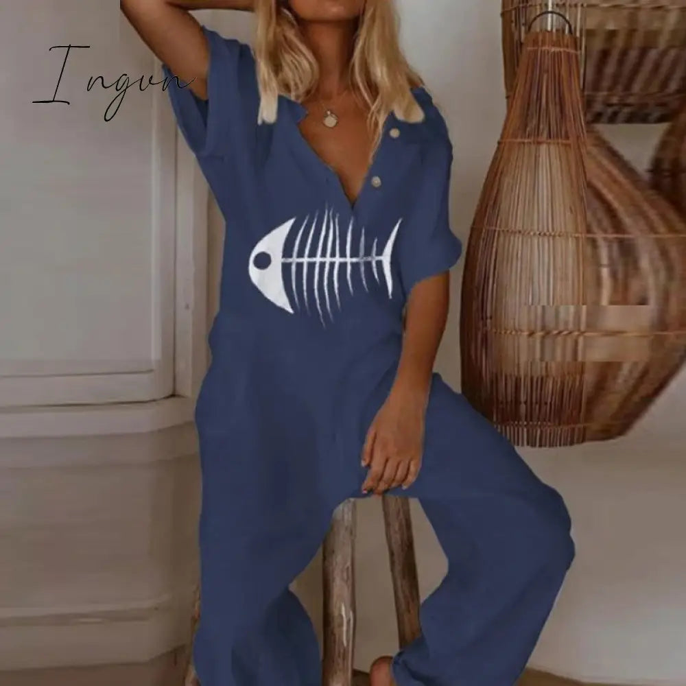 Ingvn - Summer Short Sleeve Eyelash Print Jumpsuit Casual Women Cotton Linen Playsuits V Neck Button Loose Overalls Romper Bodysuit