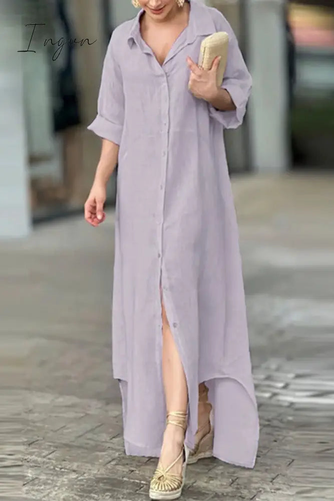 Ingvn - Casual Solid Buttons Turndown Collar Shirt Dress Dresses