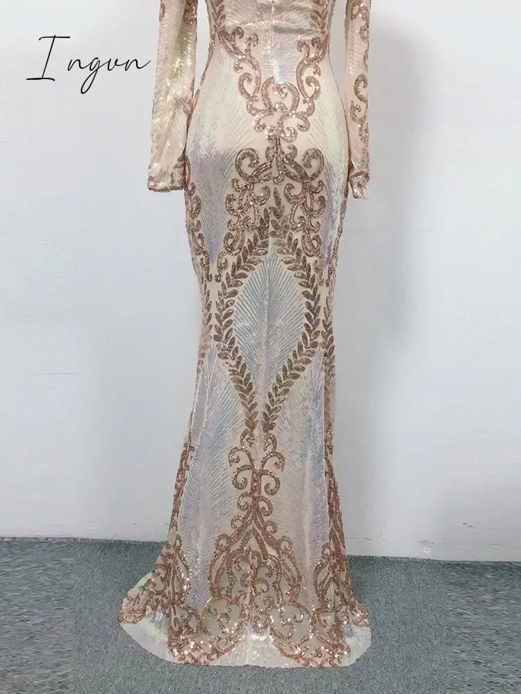 Ingvn - Hot Sale O-neck Long-Sleeve Shinning Sequins Evening Dresses Sexy Backless Mermaid Party Gowns Maxi Elegant Multi Female Robes vestidos
