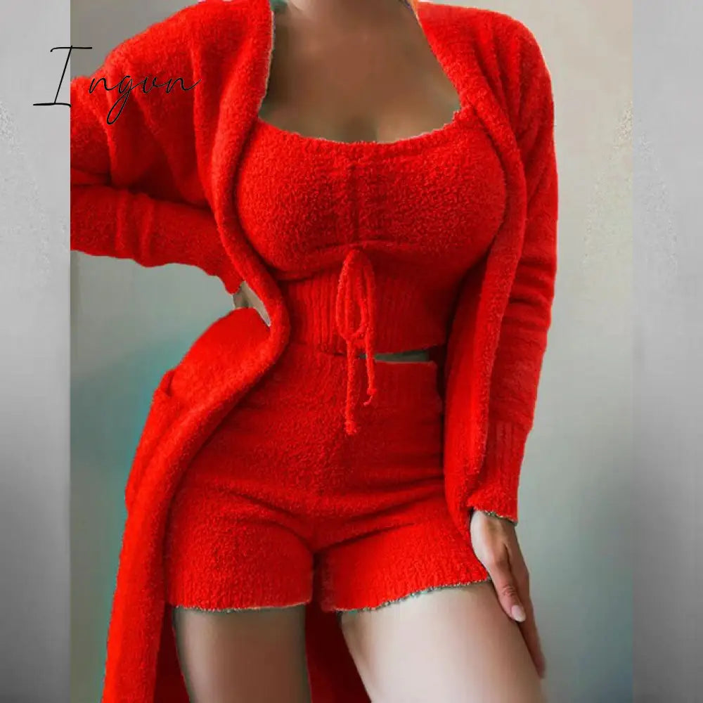 Ingvn - Women Elegant Fleece Soft 3 Piece Suit Fashion Square Collar Drawstring Tops+Long Cardigan Outfits Casual Pajamas Solid Set
