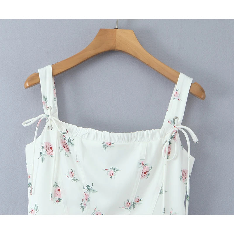 Sweet Girl Floral Print Princess Mini Dress Women Sexy Sleeveless Low Waist A-line Elegant Princess Dress Croset Tie Robe