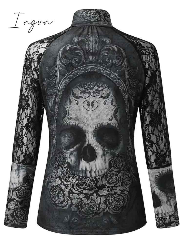 Ingvn - Women's T shirt Tee Black Skull Lace Print Long Sleeve Halloween Weekend Basic High Neck Regular Painting S