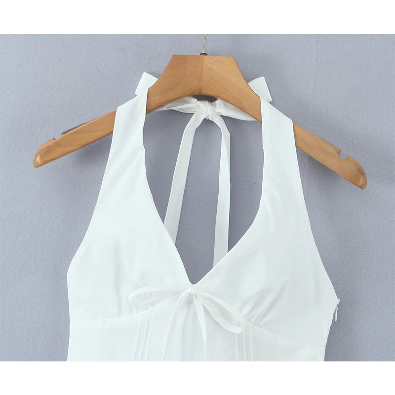 Sexy Deep V Halter White Mini Dress Women Fashion Backless A-line Elegant Party Dresses Summer Robe Lace Up Vestidos