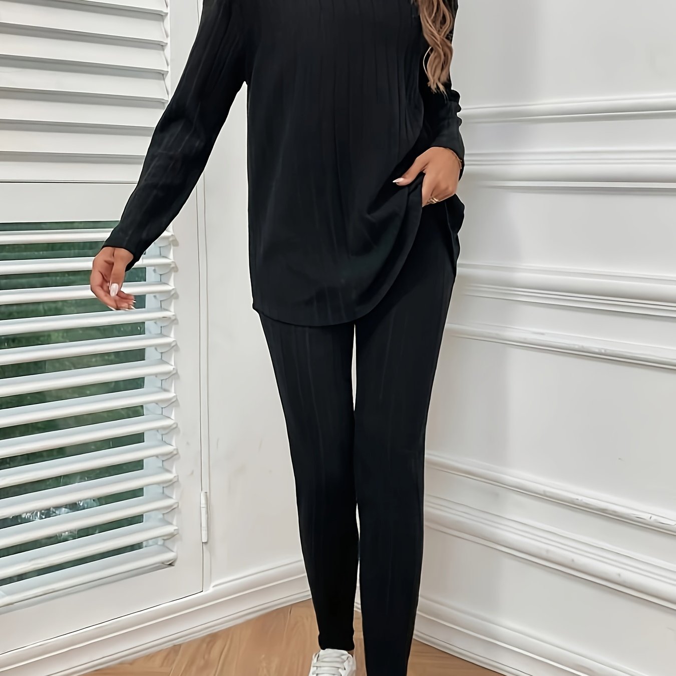 Two-Piece Pants Set - Elegant Solid Color Long Sleeve Crew Neck T-Shirt and Skinny High Waist Pants Outfit for Women - Polyester Knit Fabric, Mid Elasticity, Spring/Fall Season, No Printing, No Sheer