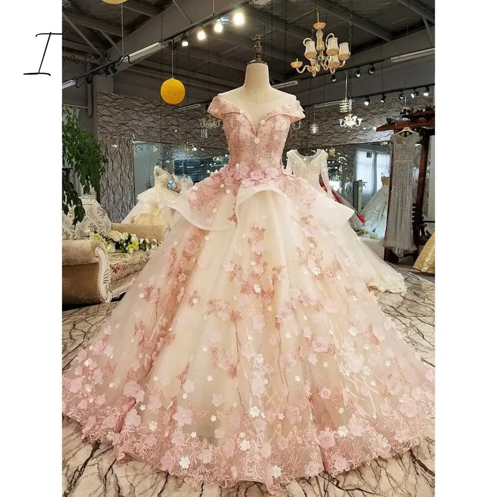 Ingvn - Pink Princess Quinceanera Dress Appliques Beads 3D Flowers Prom Party Sweet 16 Ball Gown Vestidos De 15 Años