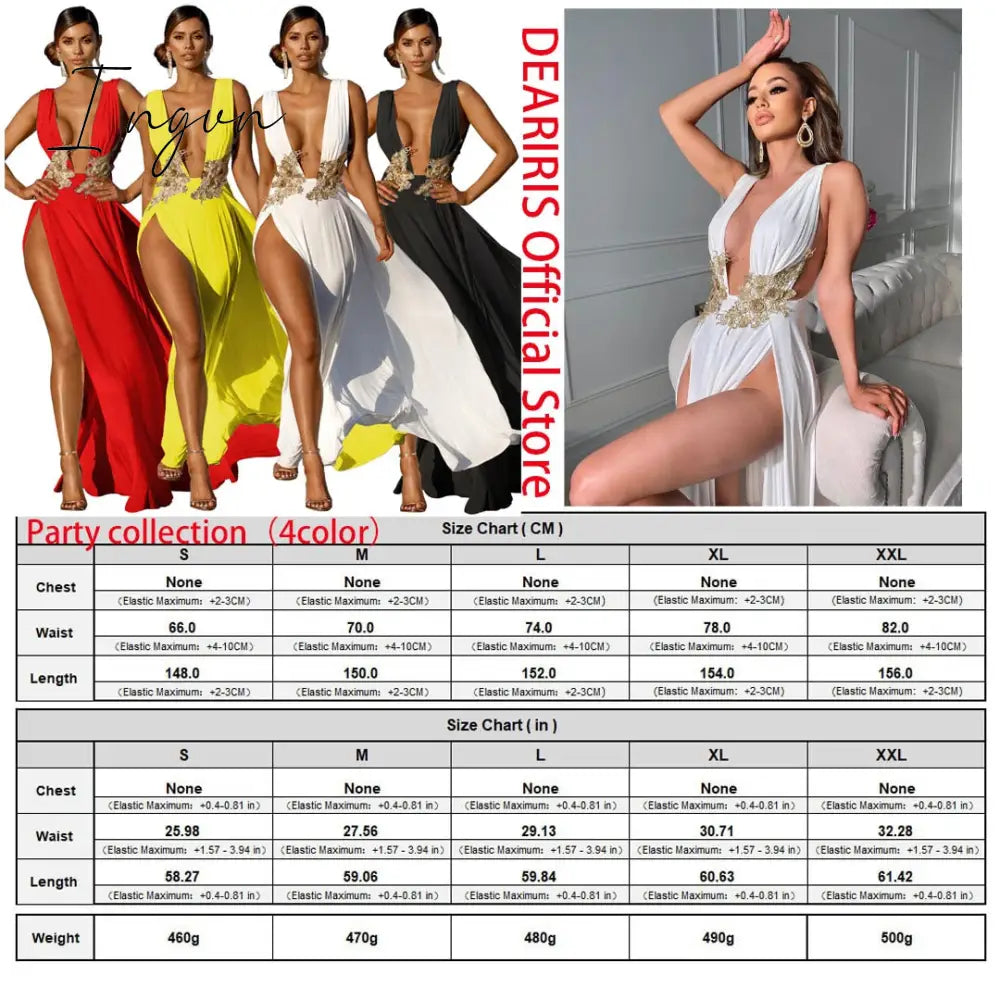 Ingvn - Women Sexy Floral Sequins Bare Back Deep V High Slit Wedding Party Evening Dress