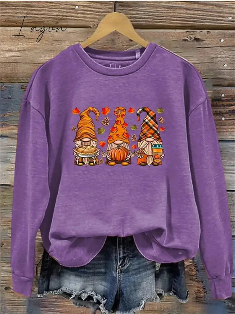 Ingvn - Women's Pullover Christmas Sweatshirt Fashion Black White Purple Gnome Christmas Round Neck Long Sleeve Top Micro-elastic Fall & Winter
