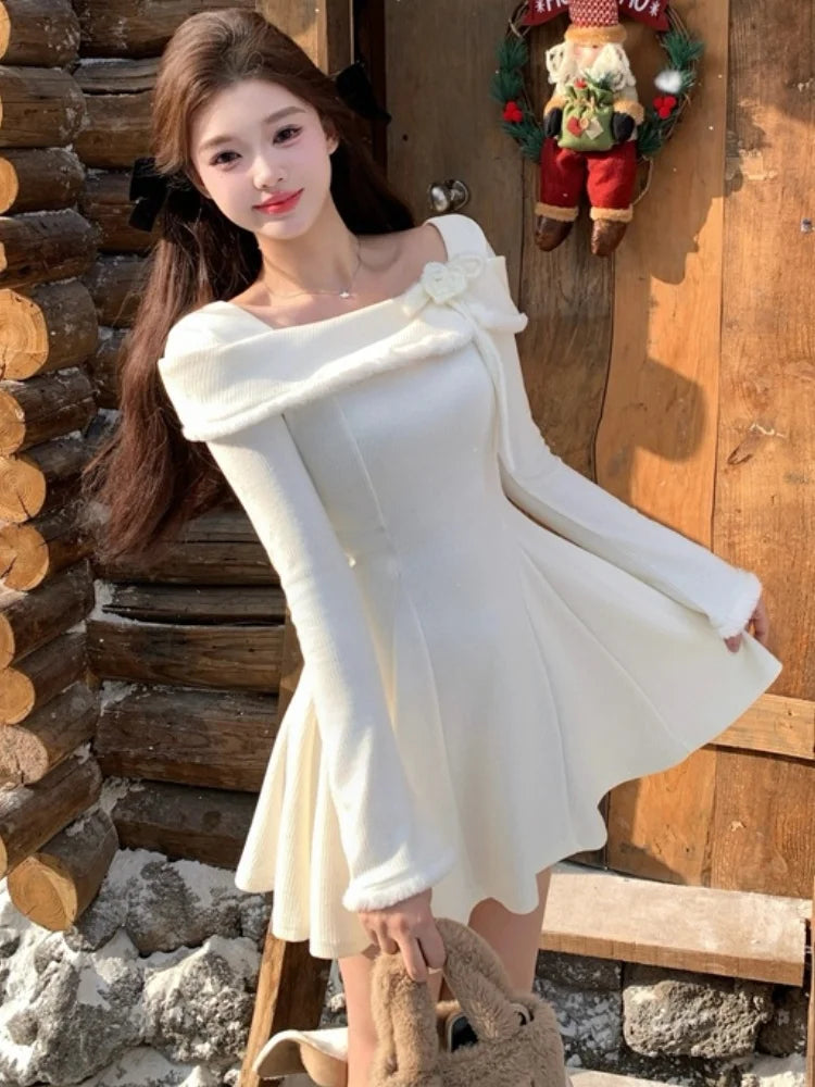 Elegant Solid Knitted Dresses for Women Korean Sweet Slash Neck Long Sleeves Princess Birthday Party Dress A-Line Vestidos Robe