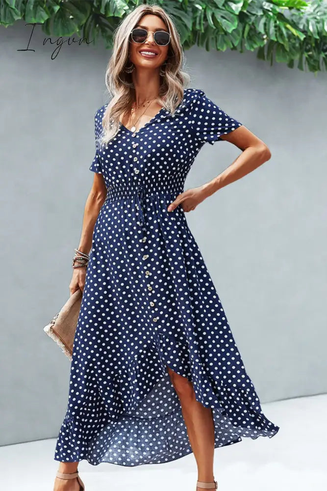 Ingvn - Polka Dot Ruffle Hem V-Neck Short Sleeve Midi Dress