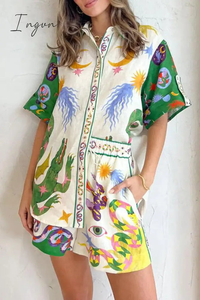 Ingvn - Casual Print Patchwork Turndown Collar Short Sleeve Two Pieces