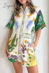 Ingvn - Casual Print Patchwork Turndown Collar Short Sleeve Two Pieces