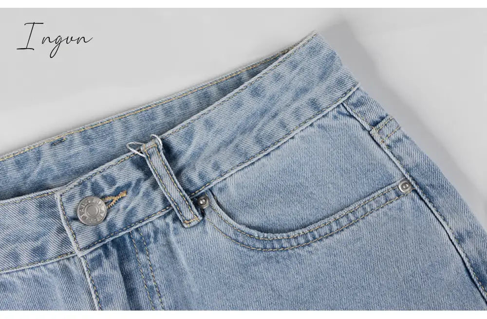 Ingvn - Womens Loose Fit Jeans Ripped Wide Leg For Women High Waist Blue Wash Casual Cotton Denim Trousers Summer Baggy Jean Pants