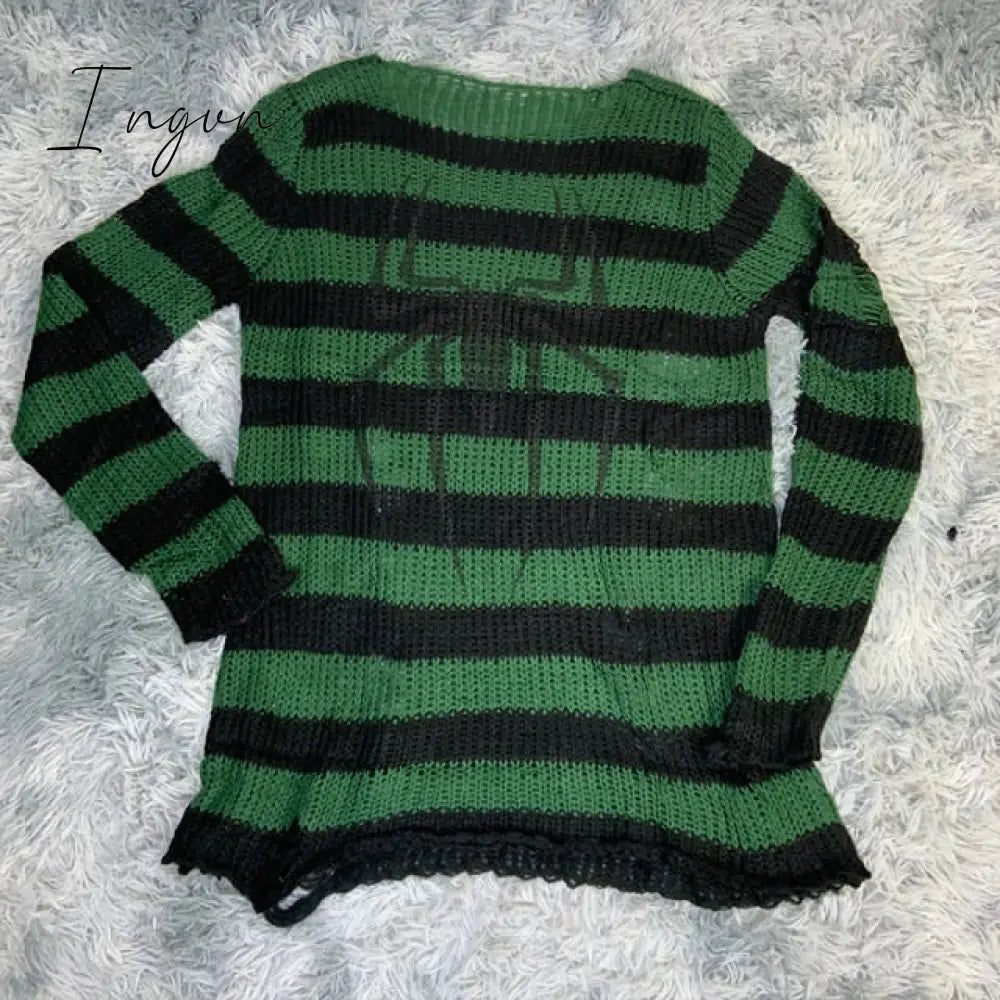 Ingvn - Plus Size Punk Gothic Long Unisex Sweater Dress Women Man Striped Cool Hollow Out Hole Broken Jumper Loose Rock Thin Sweter