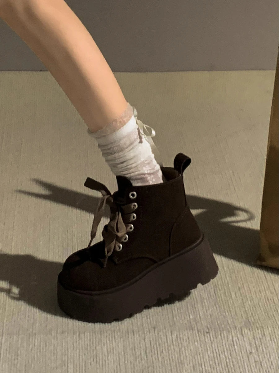 Ingvn  Winter Platform Heel Women Ankle Boots Fashion Lace Up Knight Short Booties Designer Botas De Mujer