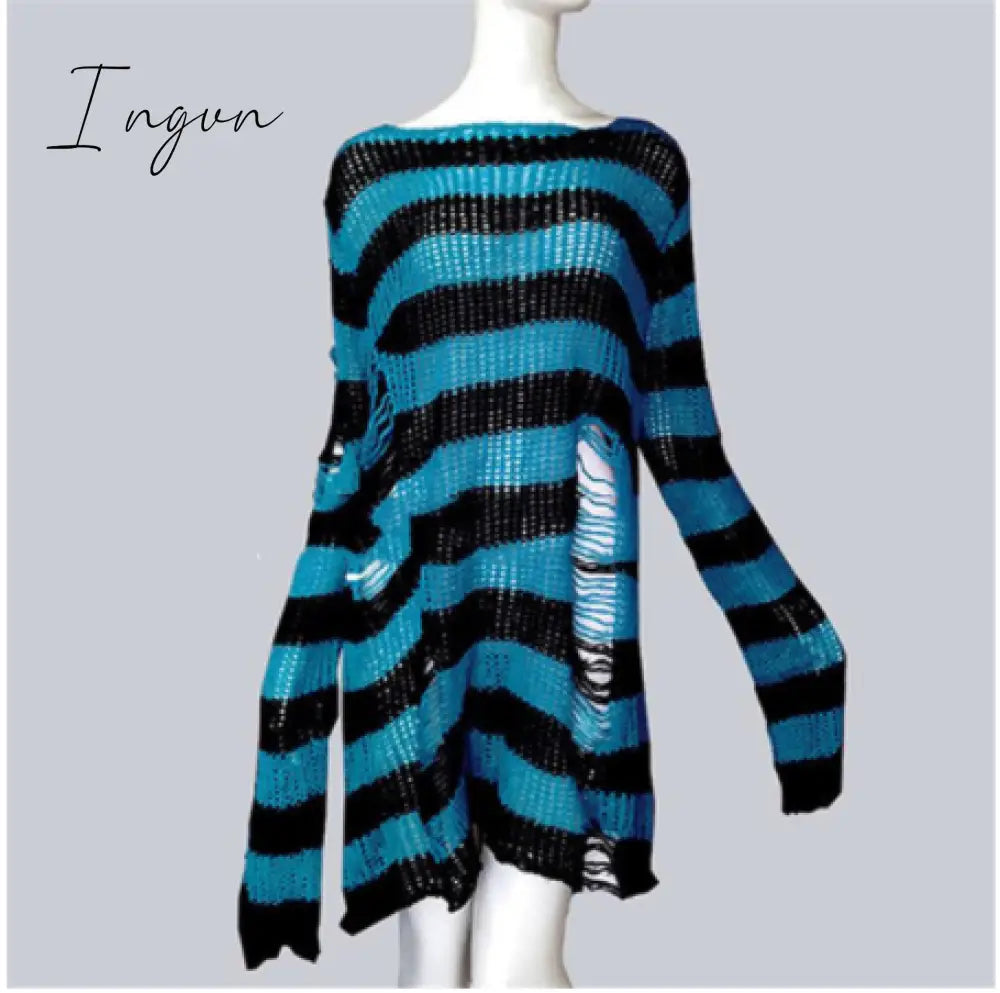 Ingvn - Plus Size Punk Gothic Long Unisex Sweater Dress Women Man Striped Cool Hollow Out Hole Broken Jumper Loose Rock Thin Sweter