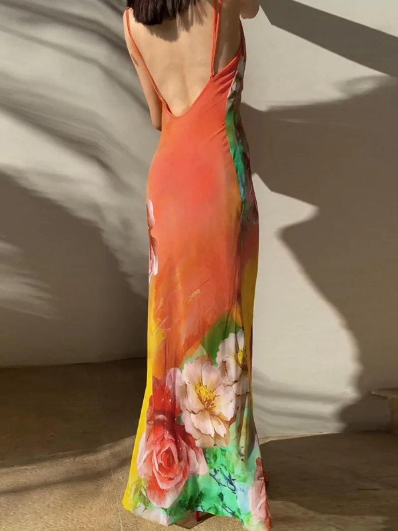 Ingvn  Summer Sexy Backless Flower Printed Long Slip Dress Streetwear Women's Sleeveless High Waist Bodycon Holiday Party Dresses