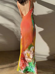 Ingvn  Summer Sexy Backless Flower Printed Long Slip Dress Streetwear Women's Sleeveless High Waist Bodycon Holiday Party Dresses
