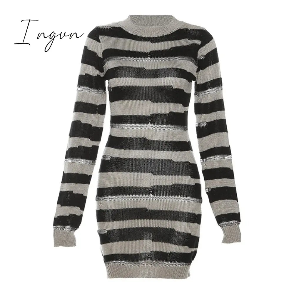 Ingvn - Patchwork Stripe Knitted Mini Dress 2023 Fall Winter Women Fashion Full Sleeve Bodycon Short Clubwear Party Outfits Streetwear