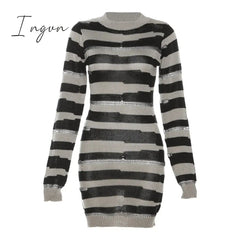 Ingvn - Patchwork Stripe Knitted Mini Dress 2023 Fall Winter Women Fashion Full Sleeve Bodycon Short Clubwear Party Outfits Streetwear