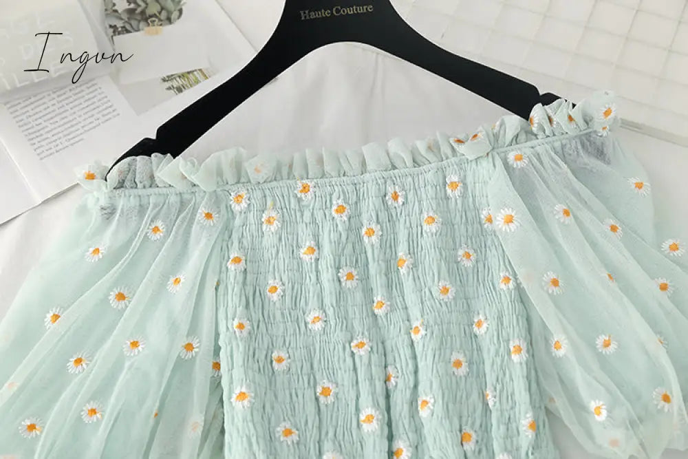 Ingvn - small daisies embroidery mesh dresses women sexy off the shoulder french vintage party ruffle dresses elegant vestidos