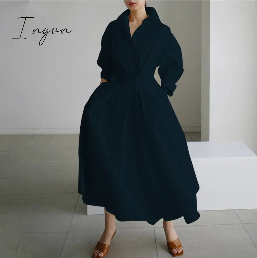 Ingvn - Elegant Women Spring Autumn Sundress Fashion Lapel Neck Long Sleeve Solid Long Shirt Dress OL Vestidos Robe Femme 5XL Long Dress