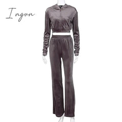 Ingvn - Velvet Women 3 Piece Set Hoodie Sweatshirt Zipper Tube Crop Top High Waist Wide Leg Pants Tracksuit Sporty Casual Outfit