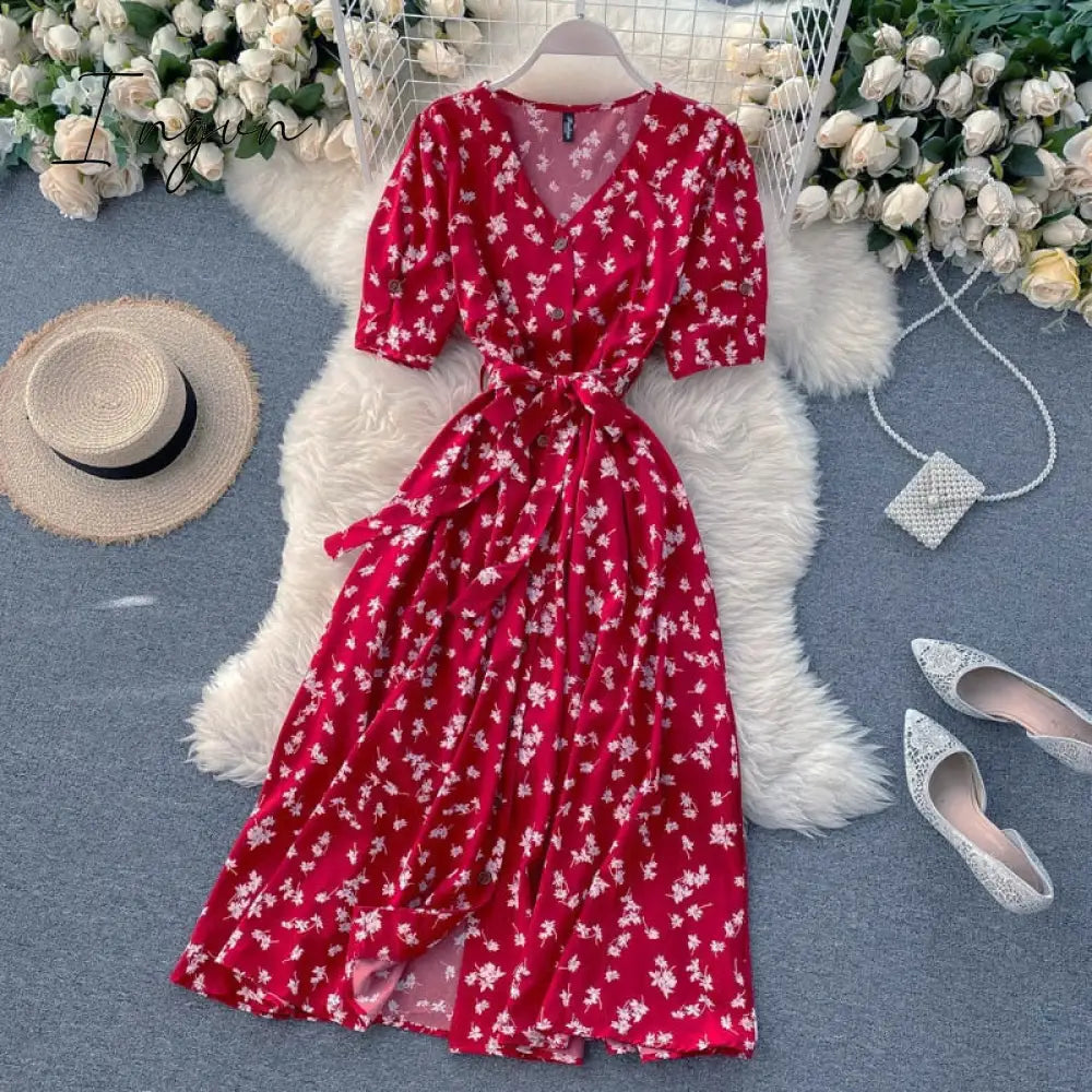 Ingvn - beach Red elegant sexy Dress women Summer Autumn V-neck polka dot midi dress waist split dress vestidos de fiesta clothes