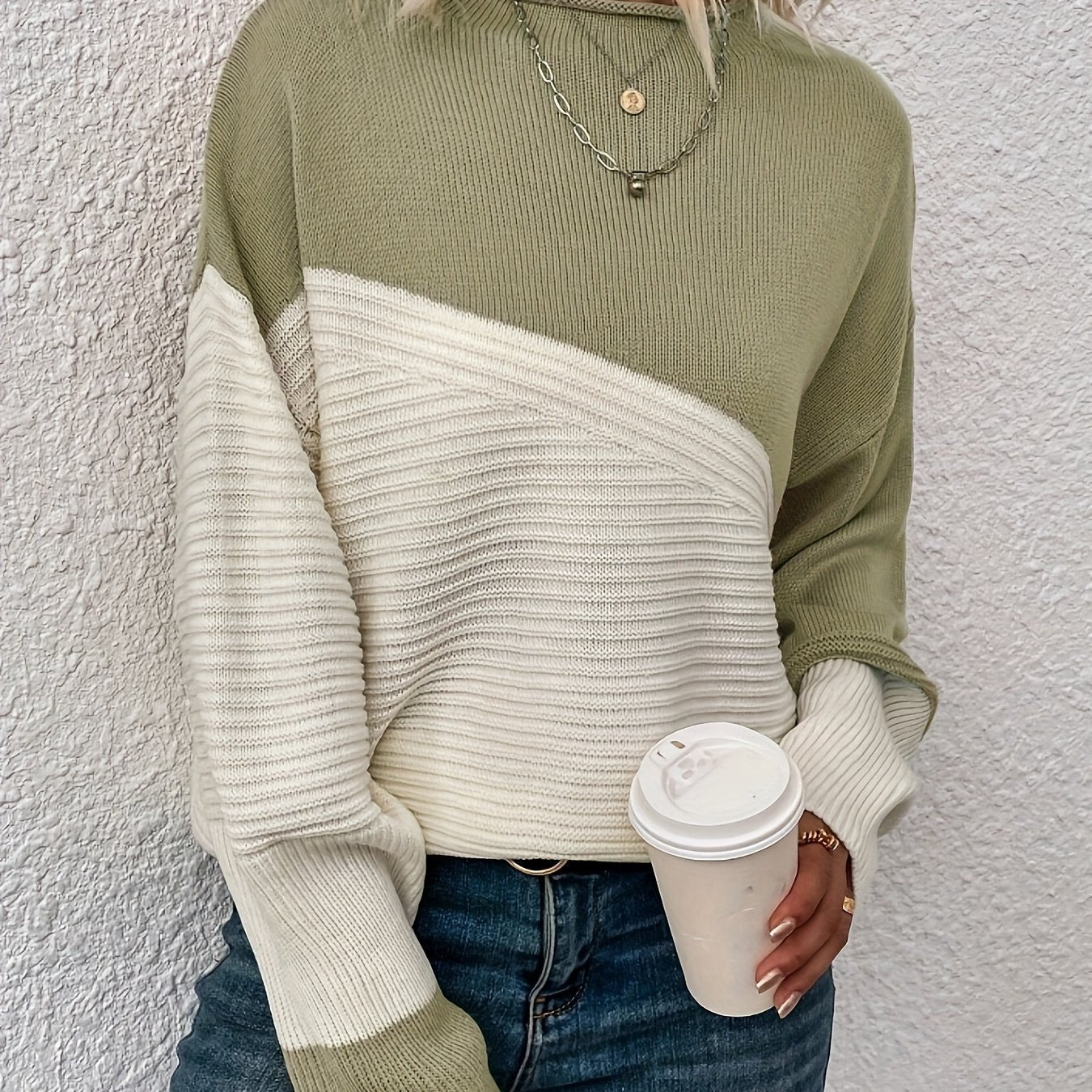 Stylish Color Block Crew Neck Sweater - Pullovers for Women - Soft, Elegant, and Cozy Drop Shoulder Long Sleeve Sweater for Fall and Winter Seasons