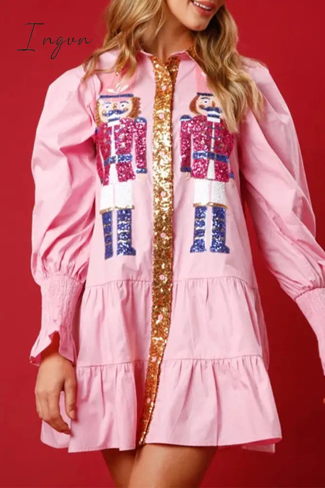 Ingvn - Sweet Solid Sequins Contrast Turndown Collar Long Sleeve Dresses
